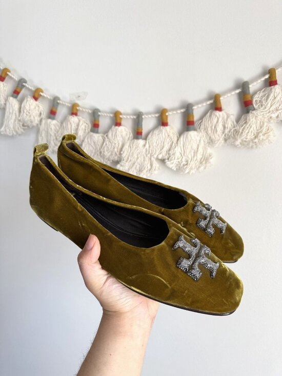 Tory Burch Eleanor Pave Crystals Ballet Flats Olive Green Velvet Square Toe 10 - Picture 2 of 10